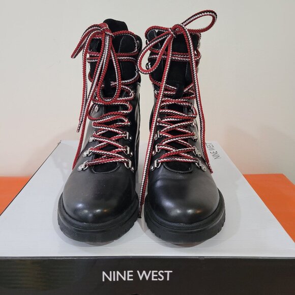 Nine West Black Leather & Suede Heeled Hiking Boot Size 8.5 - Picture 2 of 9